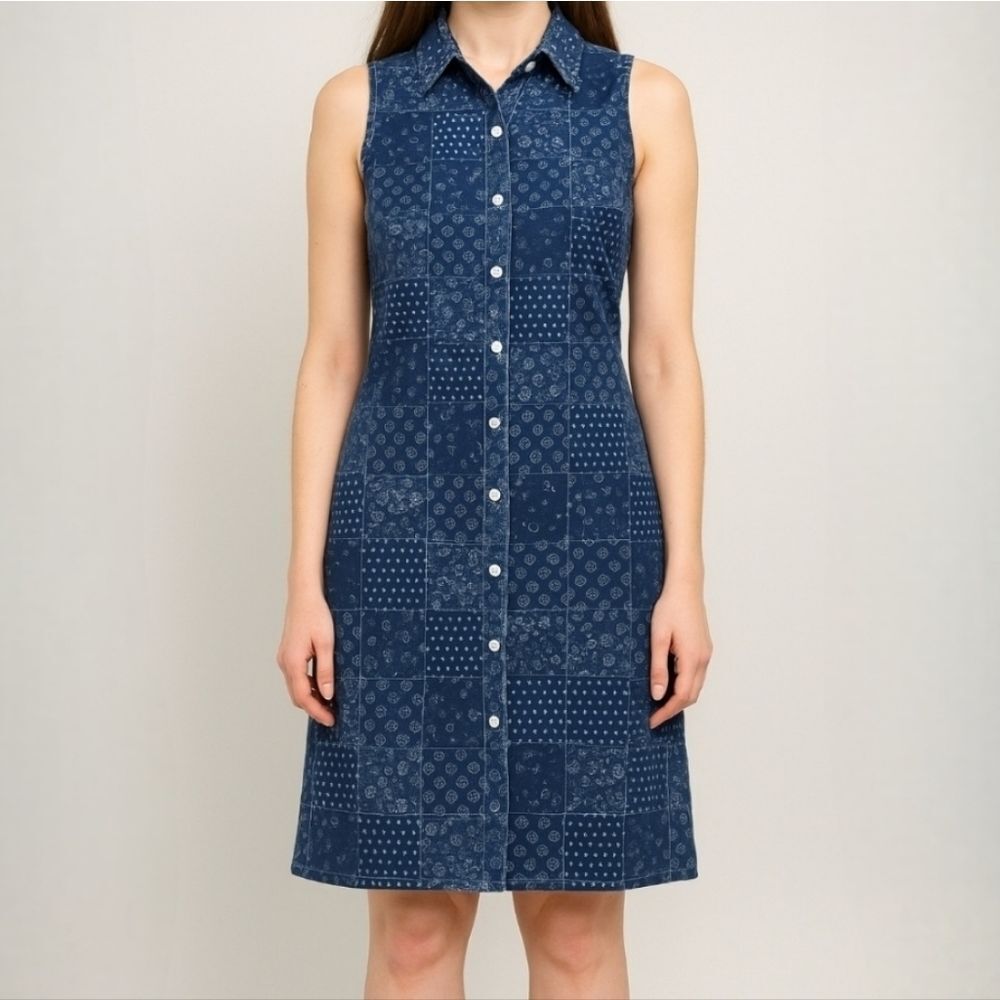 Talbots Denim Patchwork Sleeveless Button-Down Shirt Dress